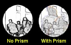 A schematic illustration of how a person with tunnel vision might see the airport terminal scene with the Trifield prism spectacles (on the right) and without (on the left)