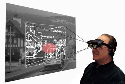 an example of how the head-mounted display for augmented vision show a street
